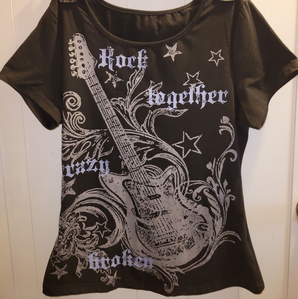 Black Graphic Tee with Guitar Design